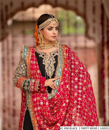 Chiffon short shirt garara black - Pakistani women's festive party wear with chiffon dupatta front view