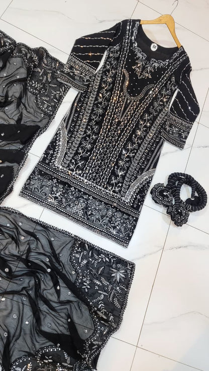 Pakistani women's black organza straight shirt plazo back view