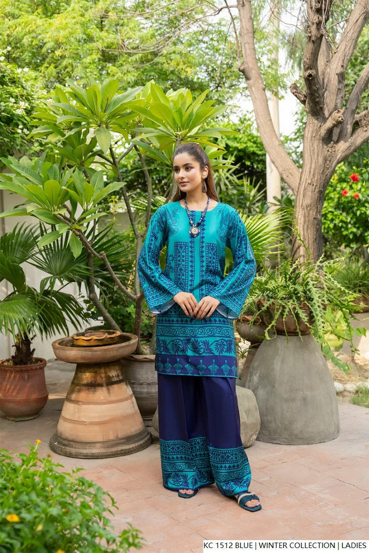 Silk 2-piece blue - Pakistani women's elegant formal wear with silk trouser and silk dupatta front view