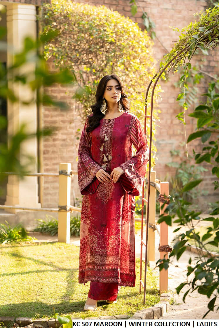 Silk long A-Line shirt plazo maroon - Pakistani women's luxury formal wear with matching silk dupatta front view