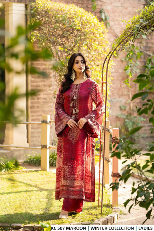 Silk long A-Line shirt plazo maroon - Pakistani women's luxury formal wear with matching silk dupatta front view
