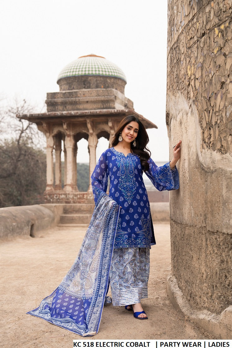 Printed georgette short shirt farshi shalwar electric cobalt blue - Pakistani women's sequins embroidered festive outfit with gotta dupatta front view