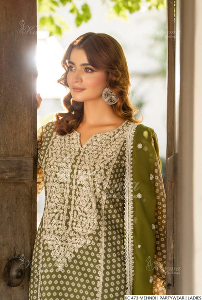 Pakistani women's mehndi green silk long kaftan back view