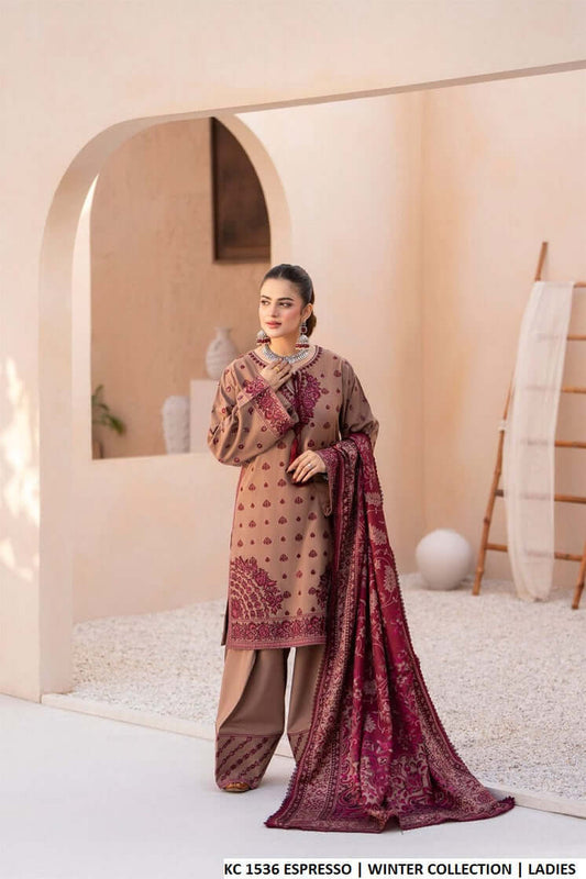 Silk short shirt farshi shalwar espresso brown - Pakistani women's traditional formal outfit front view