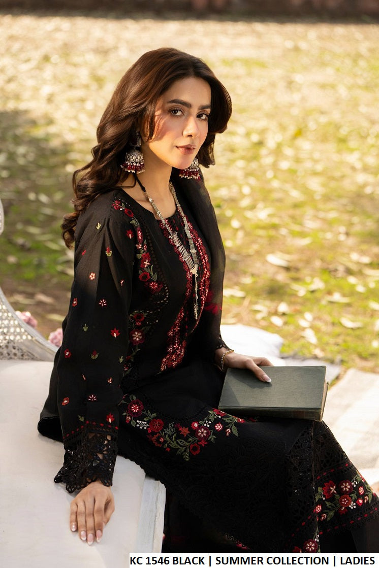 Black cotton Pakistani women's long chikankari shirt side view