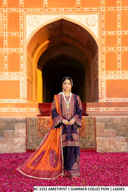Cotton short shirt farshi shalwar amethyst purple - Pakistani women's traditional casual outfit with digital print dupatta front view