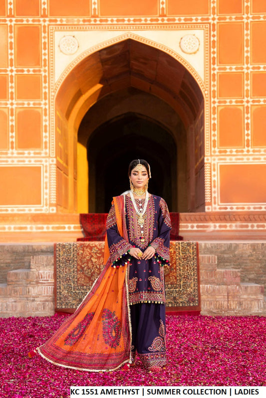 Cotton short shirt farshi shalwar amethyst purple - Pakistani women's traditional casual outfit with digital print dupatta front view