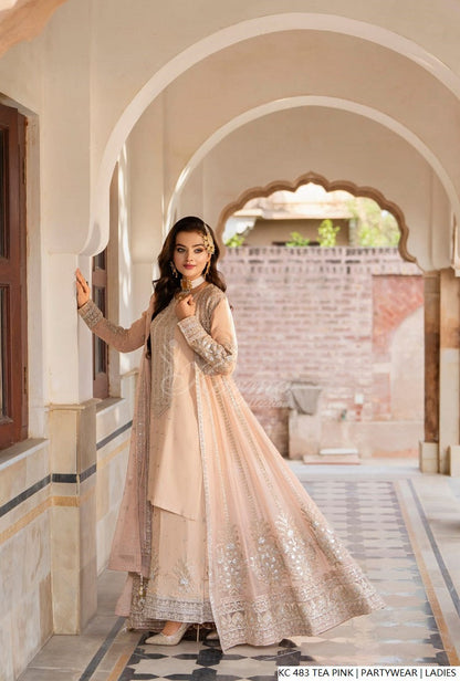 Pakistani women's tea pink silk long kaftan plazo detail view