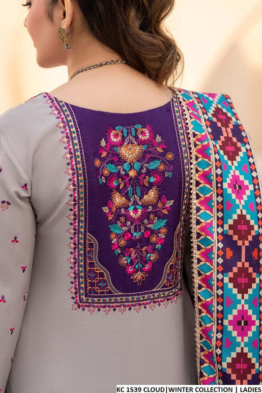 Cloud white silk Pakistani women's short shirt with farshi shalwar side view