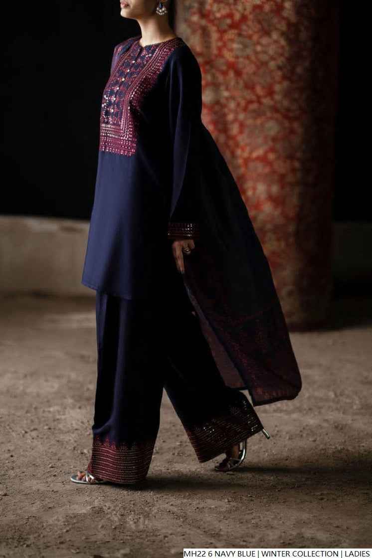 Navy blue khaddar Pakistani women's straight shirt side view