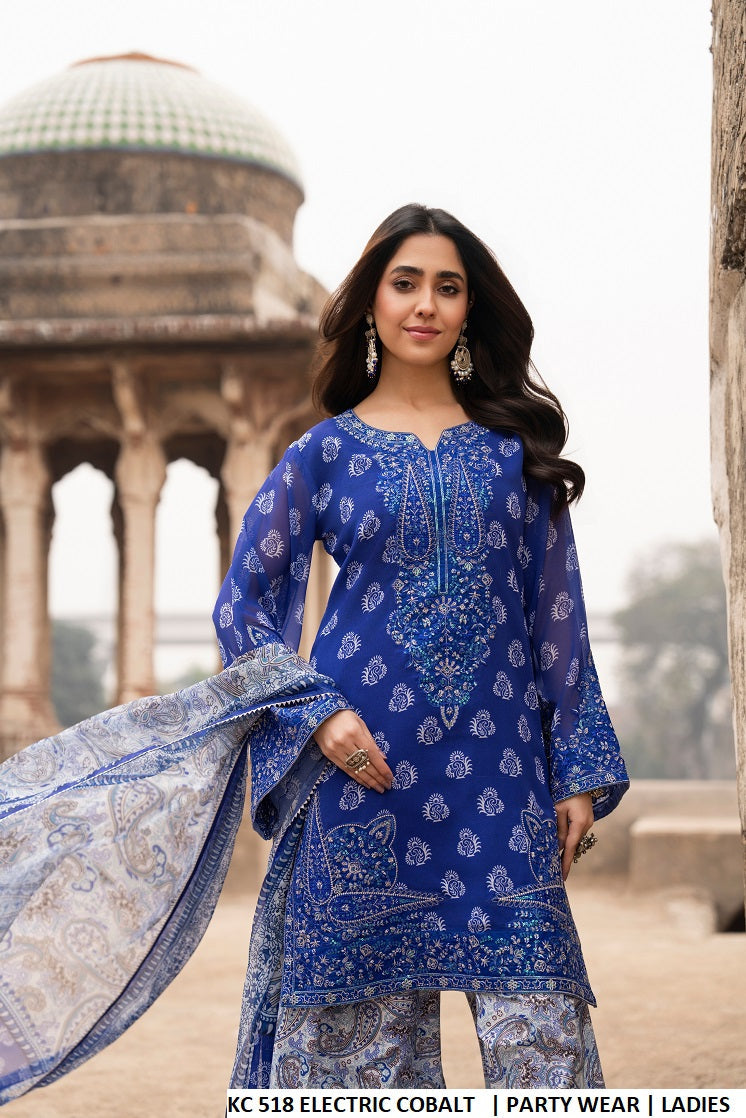 Electric cobalt blue georgette Pakistani women's short shirt with embroidered farshi shalwar side view