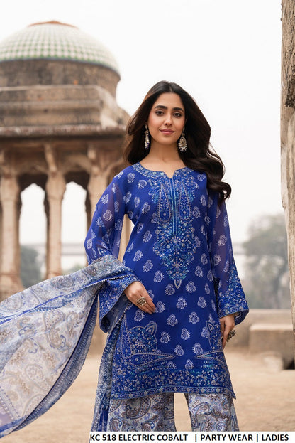 Electric cobalt blue georgette Pakistani women's short shirt with embroidered farshi shalwar side view