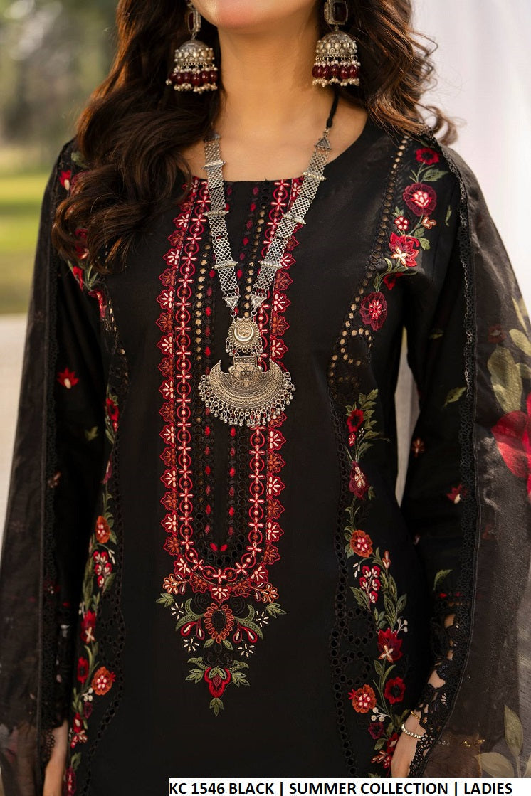 Pakistani women's black cotton long chikankari shirt detail view
