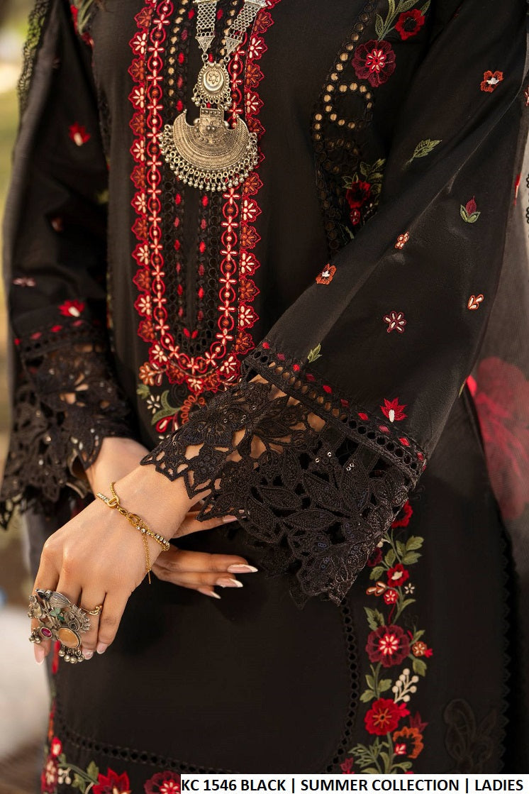 Pakistani women's black cotton long chikankari shirt back view