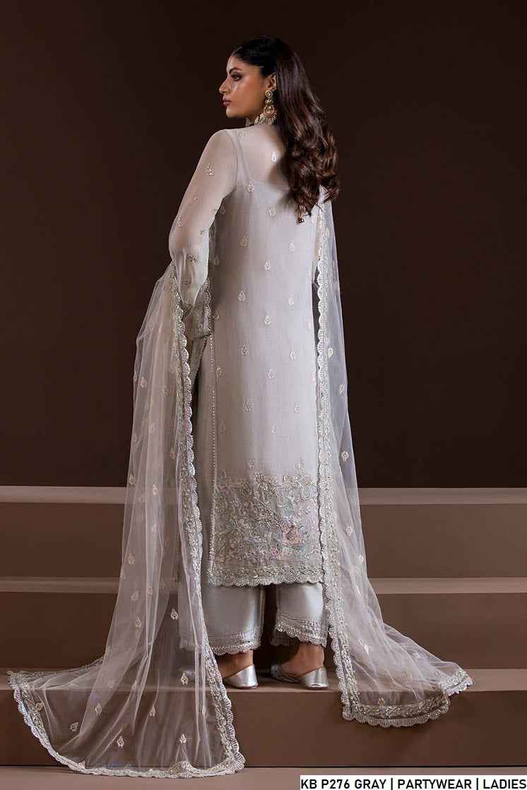 Pakistani women's gray hand embroidered luxury suit back view