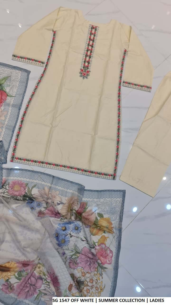 Pakistani women's off white lawn A-Line casual outfit back view