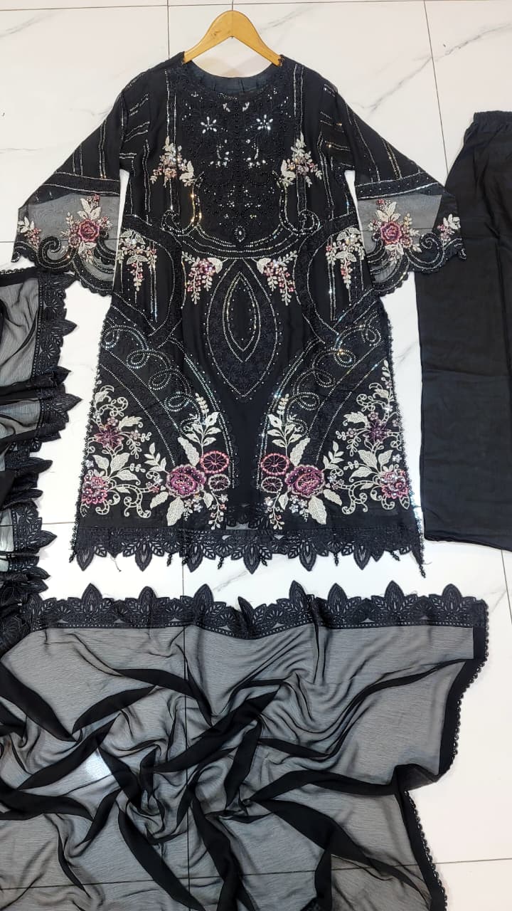 Pakistani women's black chiffon straight shirt full view