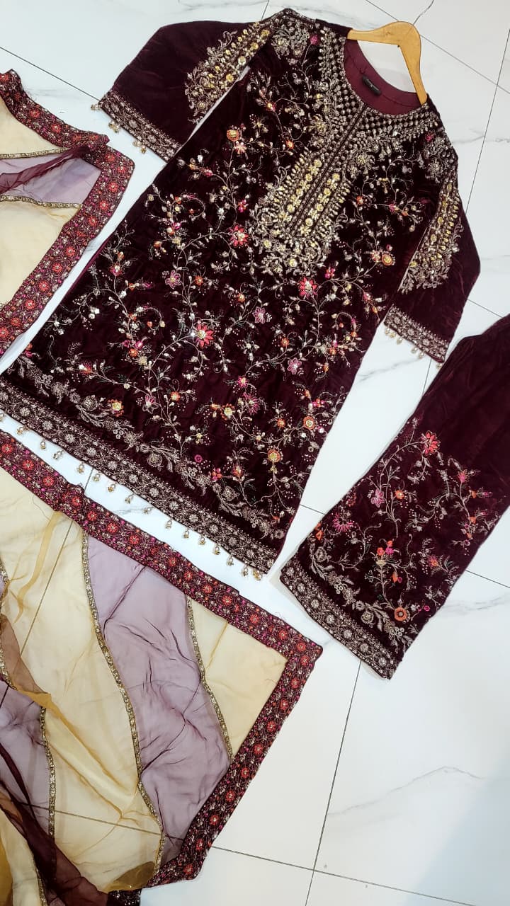 Pakistani women's maroon velvet open shirt back view