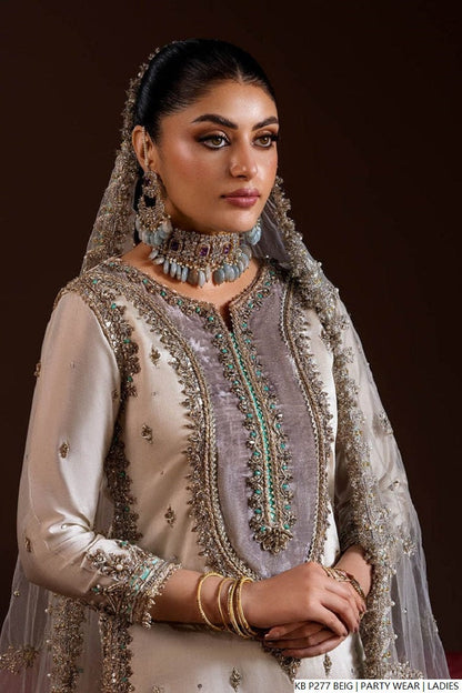 Beige hand embroidered Pakistani women's luxury short suit side view