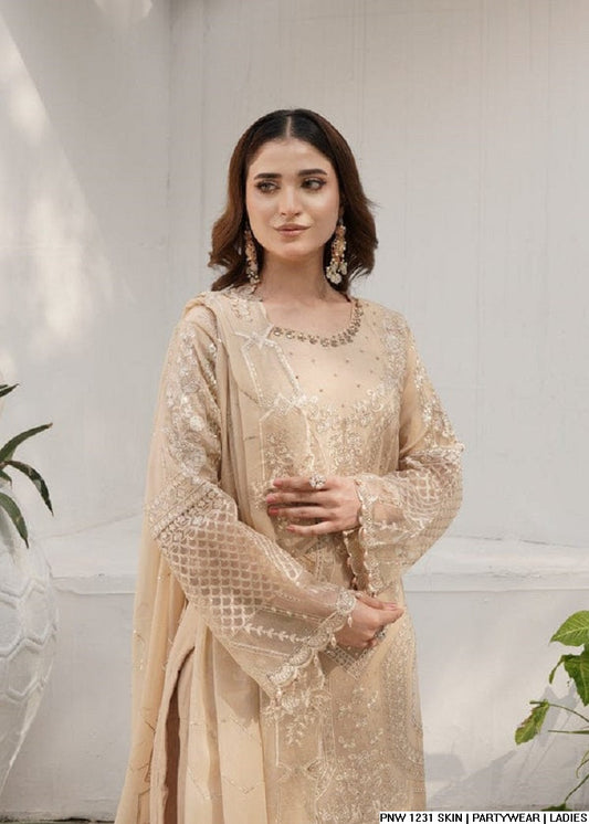 Chiffon straight shirt plazo skin - Pakistani women's party wear with viscose plazo and chiffon dupatta front view