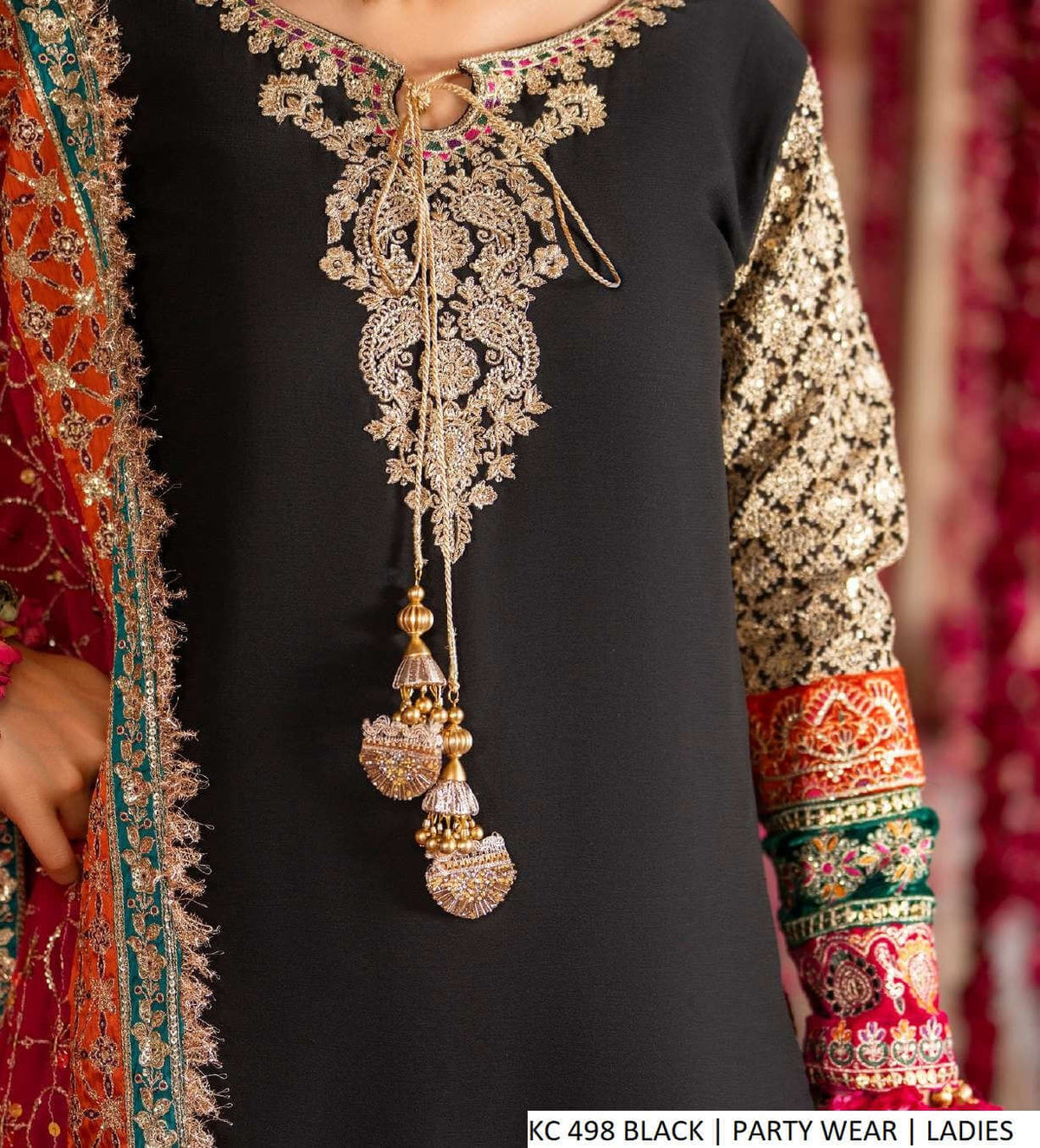 Pakistani women's black chiffon short shirt garara detail view