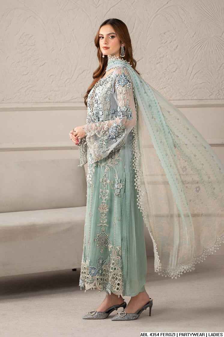 Pakistani women's ferozi organza A-Line shirt detail view