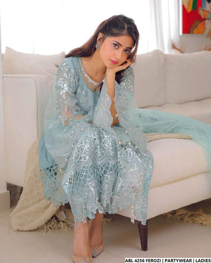 Pakistani women's ferozi organza A-Line shirt full view