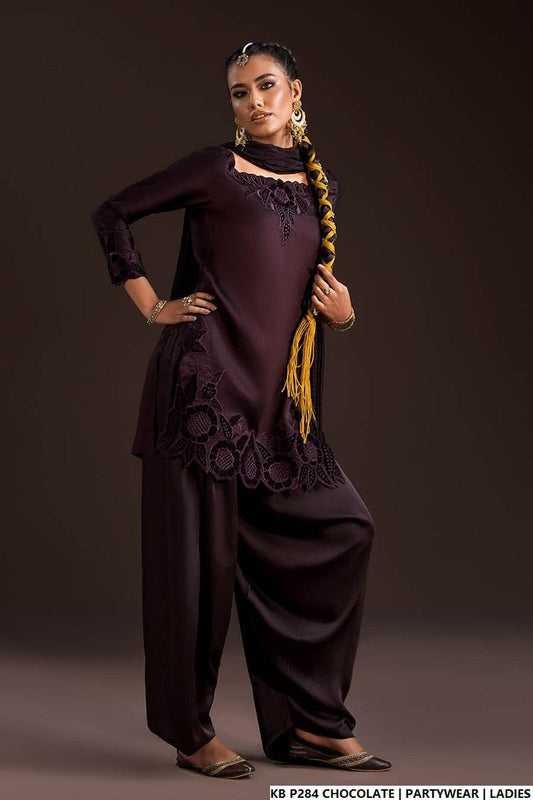 Chocolate brown hand embroidered Pakistani women's luxury suit side view