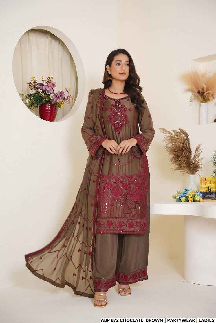 Silk straight shirt chocolate brown - Pakistani women's formal party wear with silk trouser and chiffon dupatta front view
