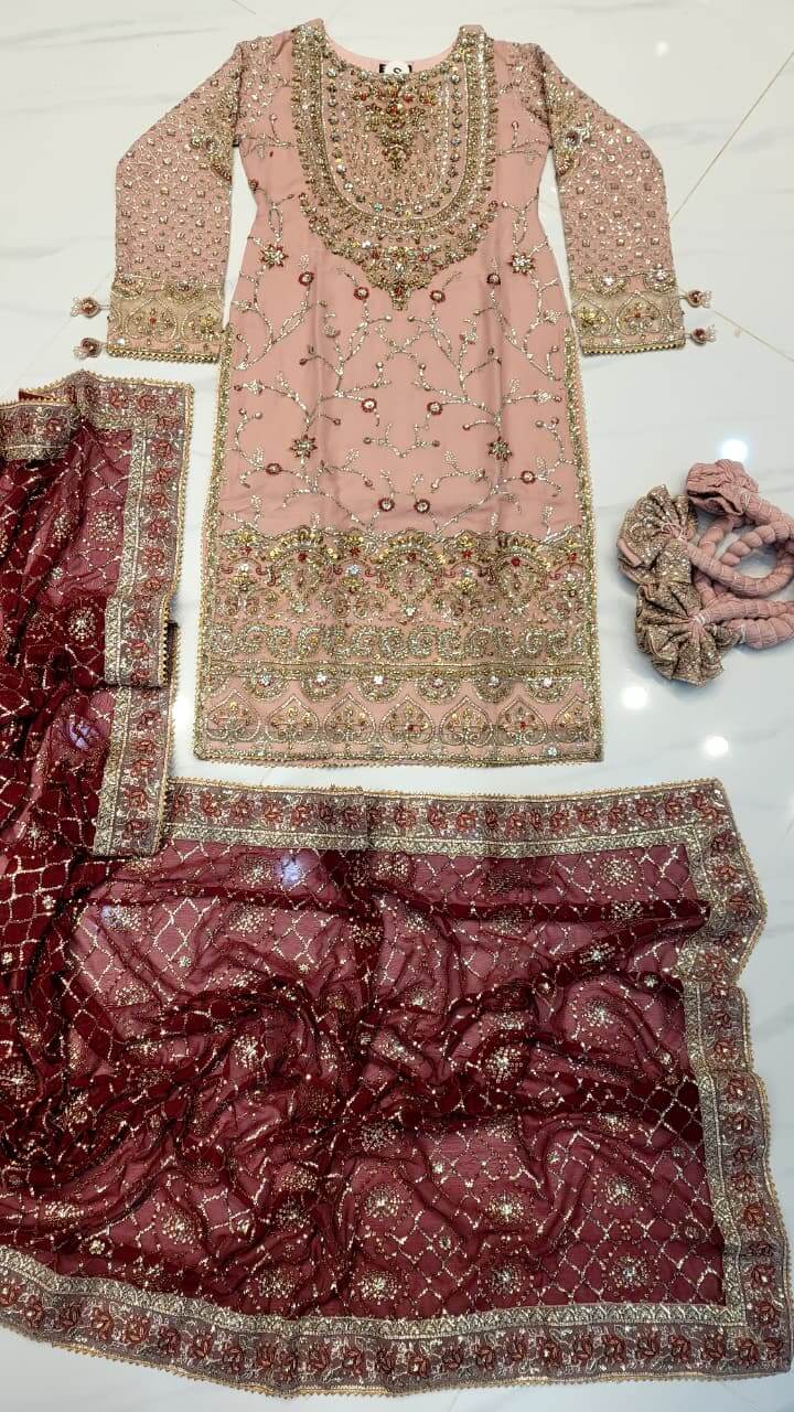 Pakistani women's tea pink chiffon straight shirt plazo back view