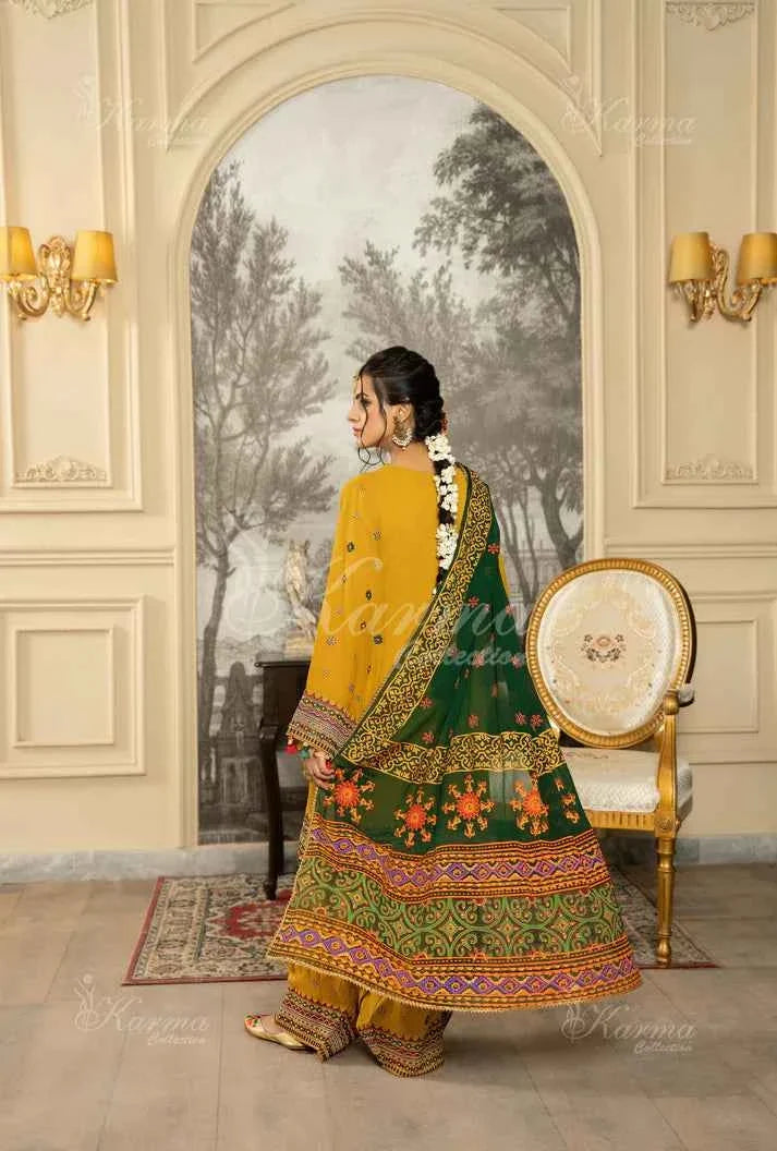 Pakistani women's mustard yellow silk short shirt farshi shalwar detail view