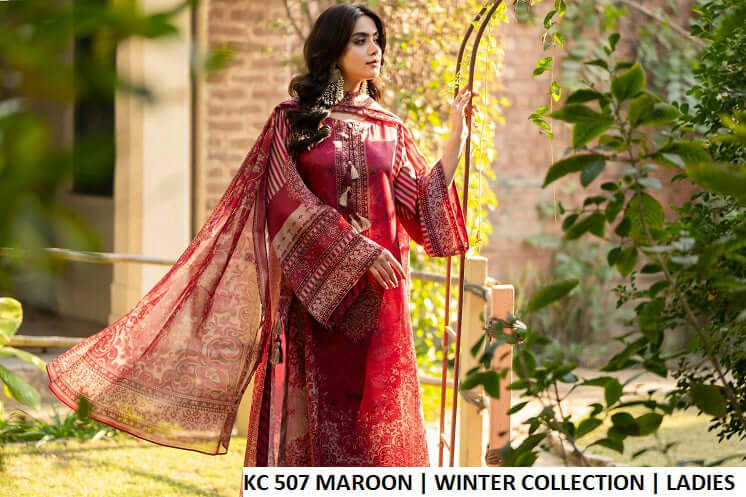 Maroon silk Pakistani women's long A-Line shirt with plazo side view