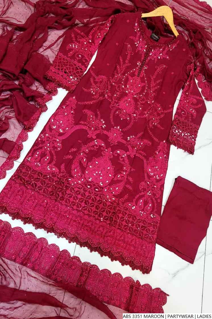 Pakistani women's maroon organza straight shirt detail view