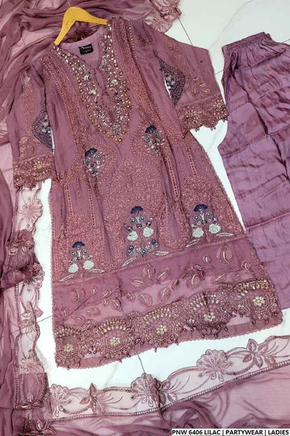 Pakistani women's lilac chiffon straight shirt plazo back view
