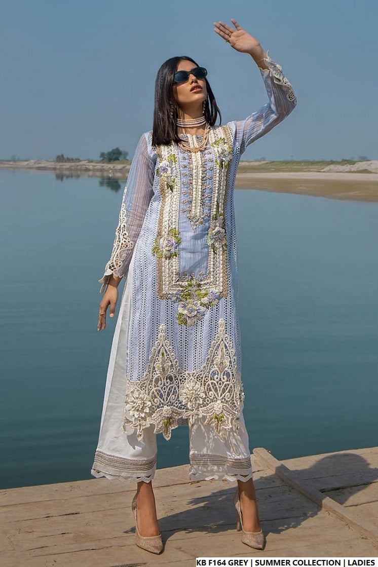 Pakistani women's grey hand embroidered luxury frock detail view