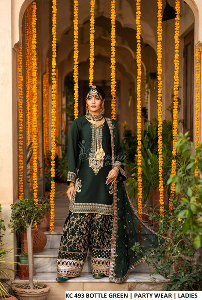 Bottle green silk Pakistani women's long kaftan with plazo side view