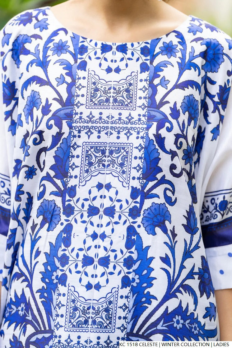 Pakistani women's celeste blue silk 2-piece formal suit detail view