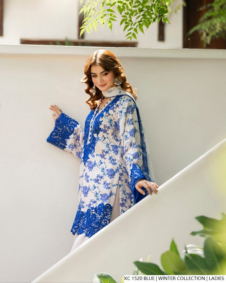 Pakistani women's blue silk 2-piece formal suit back view