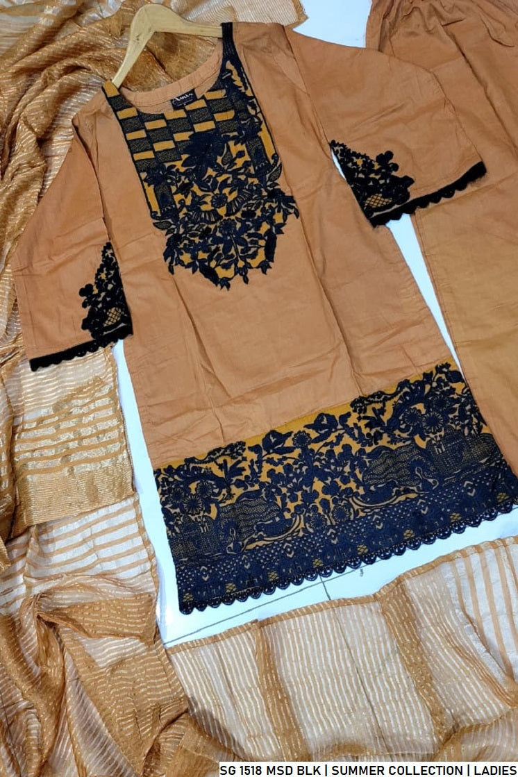 Pakistani women's mustard black lawn A-Line casual shirt full view