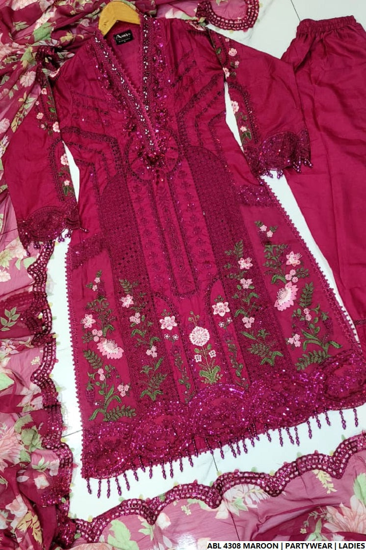 Pakistani women's maroon organza A-Line shirt back view