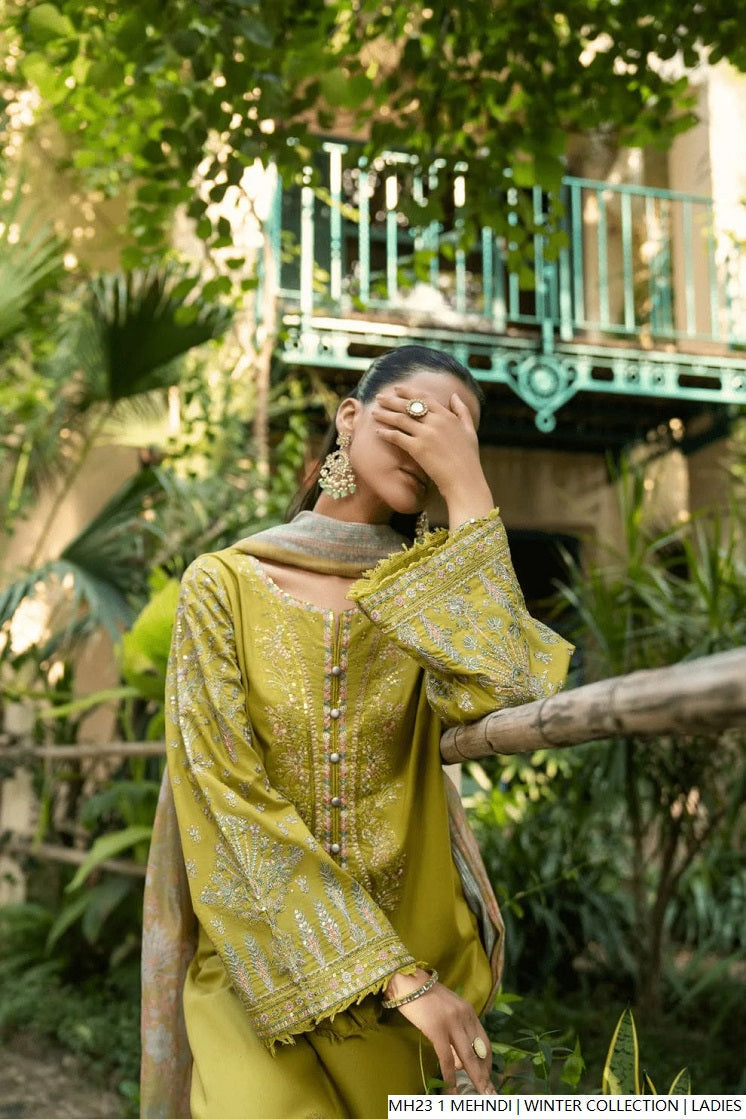 Pakistani women's canary yellow khaddar straight shirt detail view
