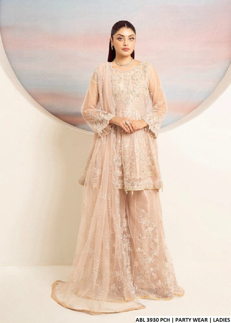 Soft net straight frock gharara ABL 3930 - Pakistani women's festive luxury party wear with net dupatta front view