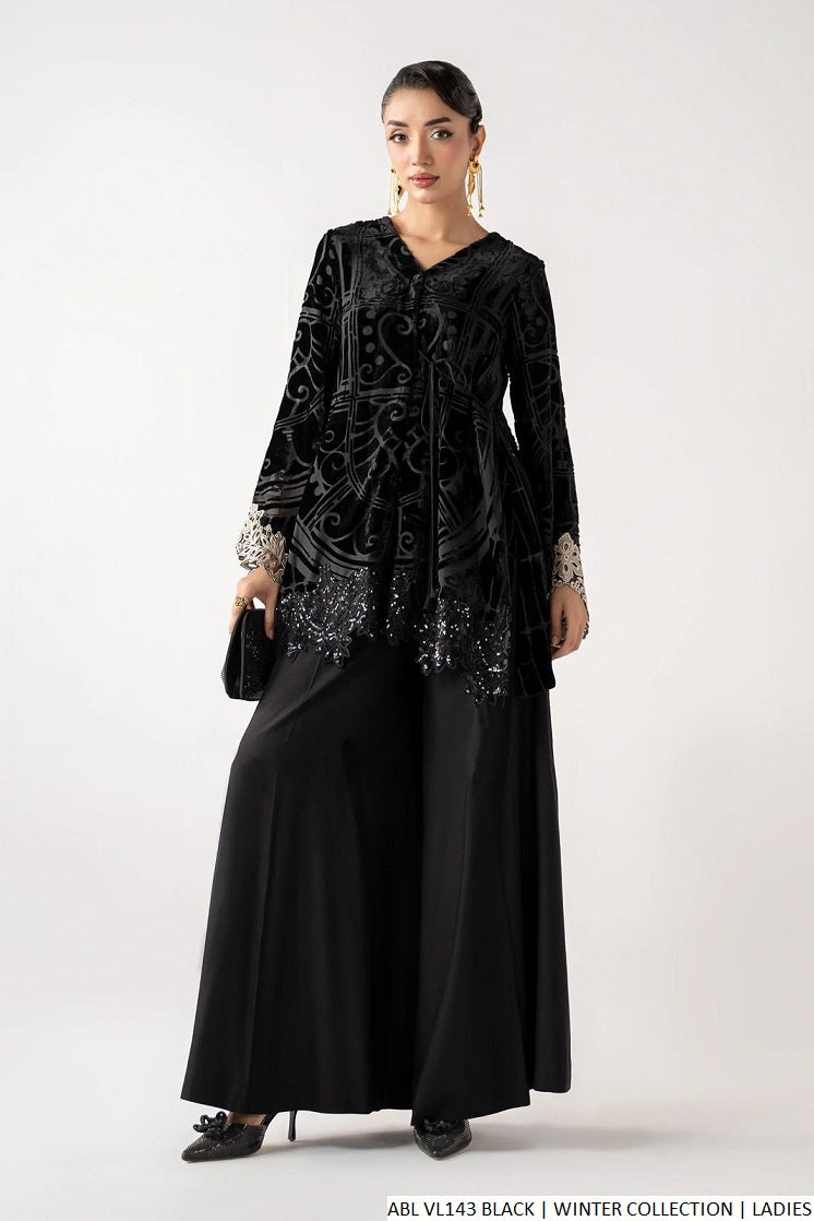 Velvet A-Line shirt black - Pakistani women's winter formal wear with grip trouser and matching dupatta front view