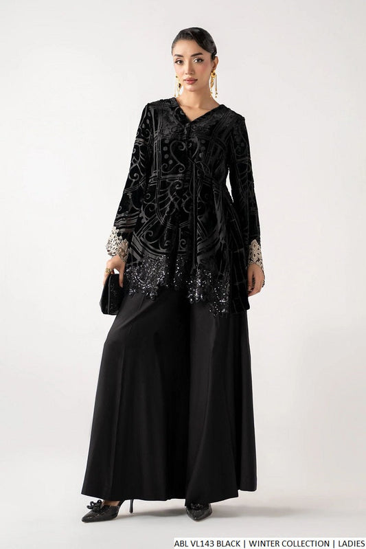 Velvet A-Line shirt black - Pakistani women's winter formal wear with grip trouser and matching dupatta front view
