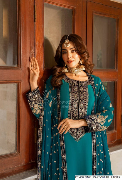 Zinc grey silk Pakistani women's long kaftan with plazo side view