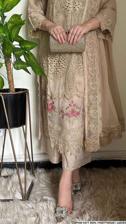 Pakistani women's skin chiffon straight shirt plazo detail view