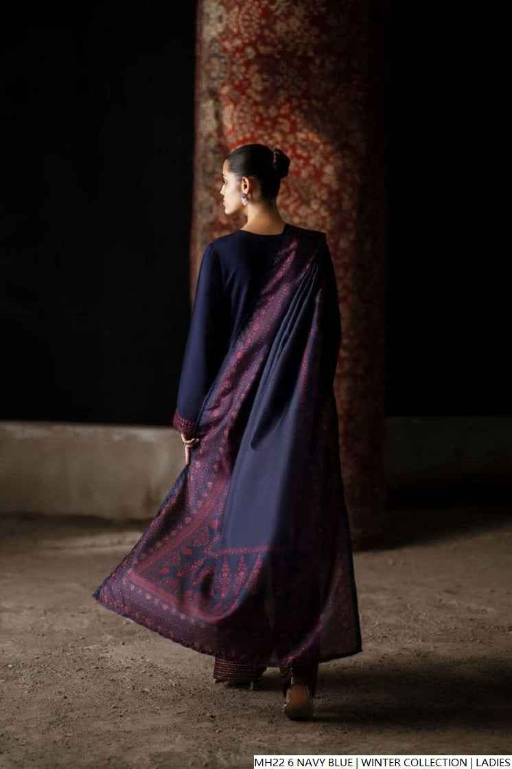 Pakistani women's navy blue khaddar straight shirt detail view