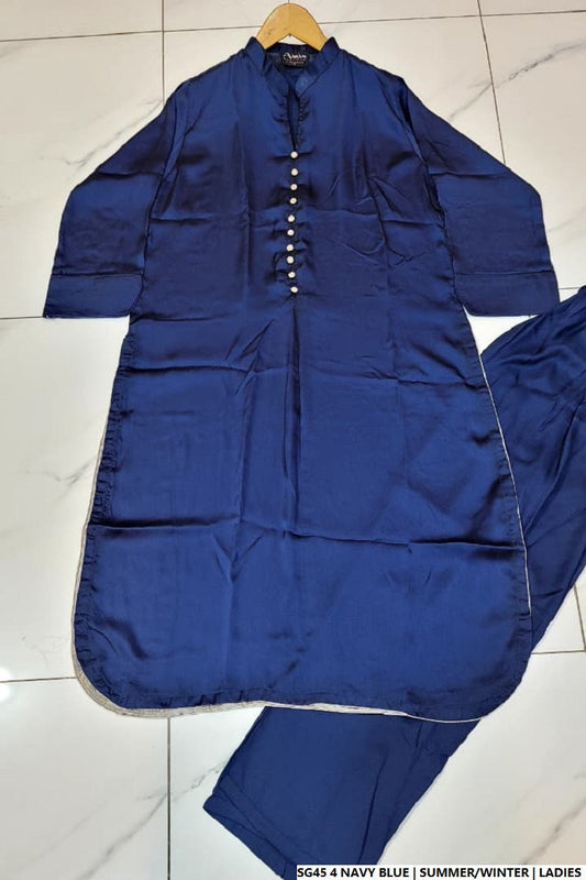 Silk A-Line shirt navy blue - Pakistani women's formal party wear with silk trouser and chiffon dupatta front view