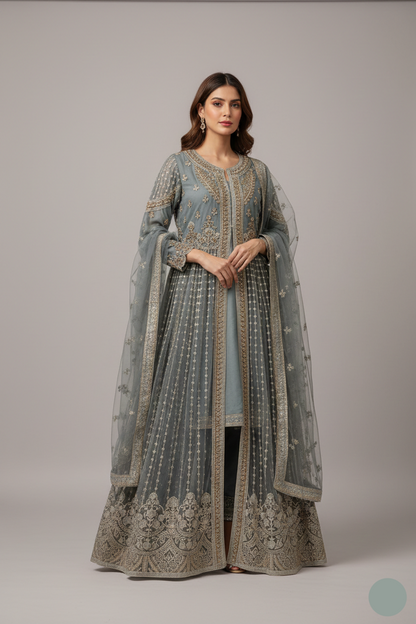 Net open gown ABJ 3064 - Pakistani women's luxury formal wear with grip trouser and net dupatta front view