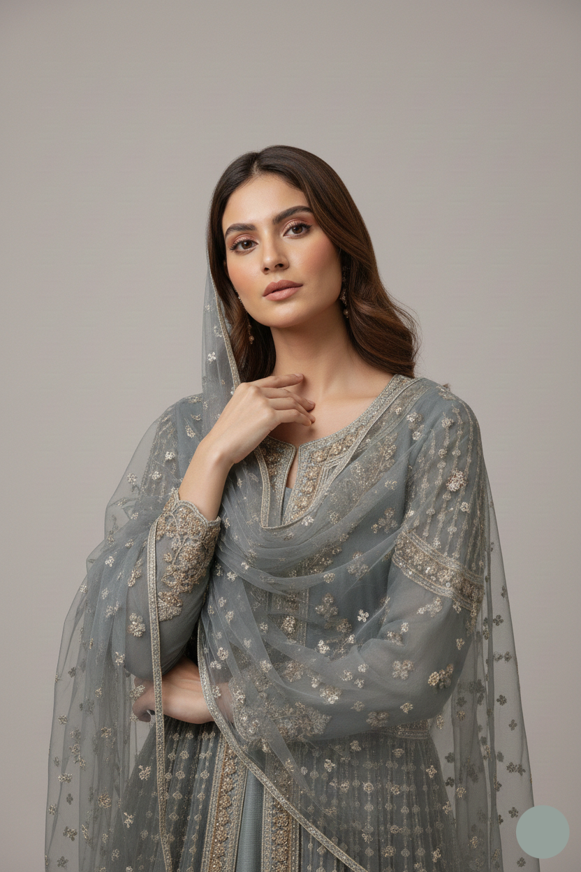 ABJ 3064 net Pakistani women's open gown side view
